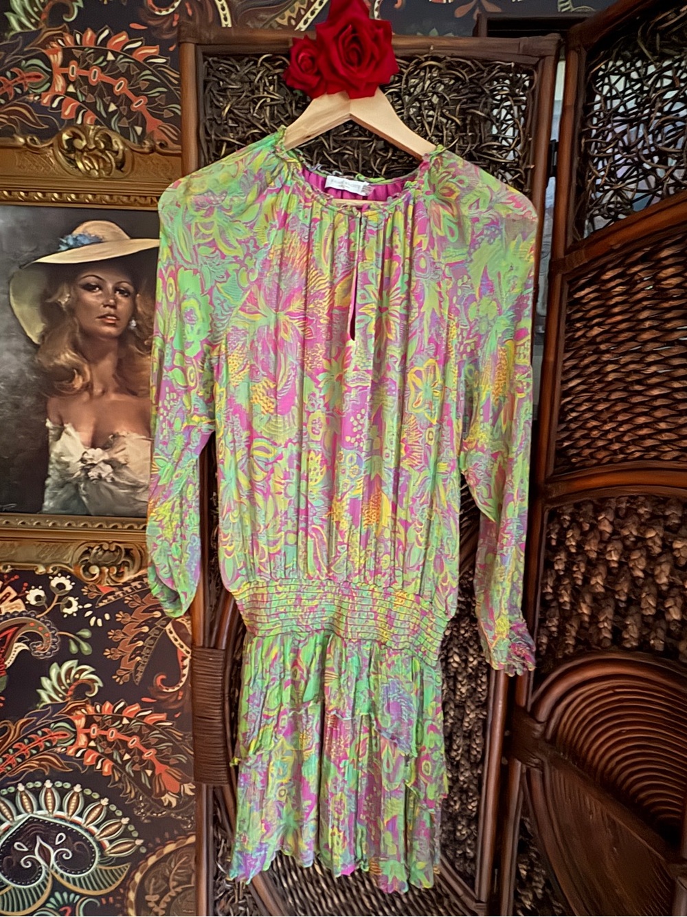 Ramy Brook Pink Green Paisley Floral Smocked Waist Mini Dress Size M